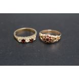 A HALLMARKED 9 CARAT GOLD GARNET SET FIVE STONE RING, ring size O, together with an antique