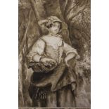 (XIX). British School. A monotone study of a peasant woman carrying a basket on a wooded