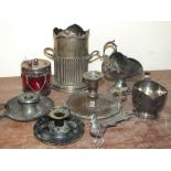 TWO TRAYS OF ASSORTED METALWARE, to include flatware, candlesticks, vintage stirrups etc., and a box