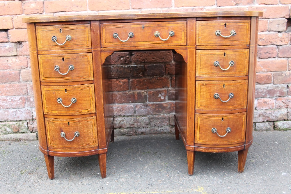 AN EDWARDIAN MAHOGANY AND INLAID KIDNEY SHAPED DESK, with inset green tooled leather writing - Image 2 of 8