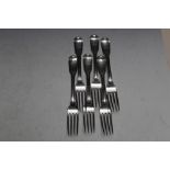 A SET OF SIX HALLMARKED SILVER FIDDLE AND THREAD TABLE FORKS BY ELEY & FERN - LONDON 1807, approx