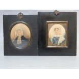 (XIX). Two oval miniatures of ladies, see verso, both wearing bonnets, one with shawl. Unsigned,