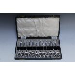 A CASED SET OF TWELVE HALLMARKED SILVER COFFEE SPOONS BY A LAURENCE ALLEN - SHEFFIELD 1945, approx