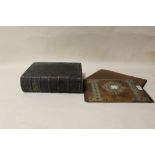 AN ANTIQUE BAGSTERS COMPREHENSIVE BIBLE, together with brass bound walnut book covers A/F