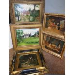 A SELECTION OF FIVE GILT FRAMED OIL PAINTINGS, to include a painting on metal panel of children