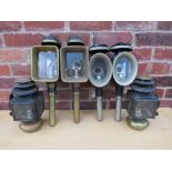 TWO PAIRS OF ANTIQUE HORSE CARRIAGE LAMPS PLUS A PAIR OF FORD MODEL 72 VEHICLE LAMPS, the vehicle