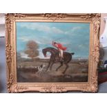 (XIX). English School. A huntsman on horseback with hounds. Oil on canvas, gilt framed, 53 x 70 cm