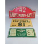 THREE VINTAGE RALLY CAR IDENTIFICATION PLATES, to include a pressed aluminium Rallye Monte Carlo and