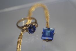 A LADIES HALLMARKED 9CT GOLD AND BLUE STONE SET DRESS RING, approx 2.8 g, together with an