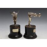 TWO STYLISH SILVER PLATED 1930'S SWIMMING TROPHIES, depicting a female swimmer about to dive into