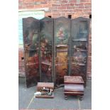 AN ANTIQUE FOUR FOLD DECOUPAGE STYLE DRESSING SCREEN, together with a 19th century mahogany