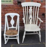 A CREAM PAINTED TRADITIONAL WINDSOR STYLE ARMCHAIR, together with a cream painted rush seated