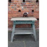 A VINTAGE WOODEN TRESTLE STYLE TABLE, with slatted undertier, W 91 cm