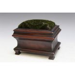 A MAHOGANY WORK BOX WITH PIN CUSHION TOP, W 14.5 cm