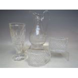 A GOOD QUALITY ANTIQUE HOBNAIL CUT WATER JUG, together with two further hobnail cut glass items