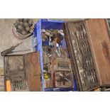 A BOX CONTAINING VARIOUS TAPS AND DIES, thread chasers and HSS drill bits