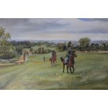 HARRY BUXTON. An extensive landscape with racehorse training, hills and river beyond, 'Riding Out,