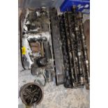 A BENTLEY CYLINDER HEAD, together with two cam shafts, Bentley rocker cover, valves, and a Bentley