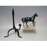 A SPELTER FIGURE OF A HORSE, mounted on a rectangular alabaster base, W 14 cm, together with a metal