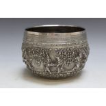 AN EASTERN STYLE WHITE METAL BOWL, decorated with seven allegorical style vignettes, approx weight