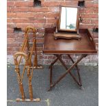 AN ANTIQUE MAHOGANY BUTLERS TRAY ON STAND, W 60 cm, D 50 cm, H 76 cm, together with an Edwardian