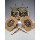 A PAIR OF VICTORIAN EMBROIDERED AND BEADED FACE SCREENS, on brass frame with bone handles, overall H