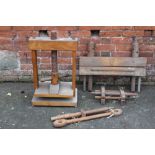 A VINTAGE WOODEN BOOK PRESS, together with further similar press items etc.
