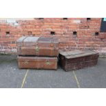 TWO VINTAGE BANDED PACKING TRUNKS, both with stencilled initials and paper luggage labels,
