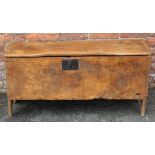 AN ANTIQUE ELMWOOD COFFER, W 104 cm, D 24 cm, H 50 cm, signs of previous worm damage and various