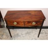 AN ANTIQUE MAHOGANY TWO DRAWER BOW FRONTED CONSOLE TABLE, W 87 cm, D 41.5 cm, H 71 cm