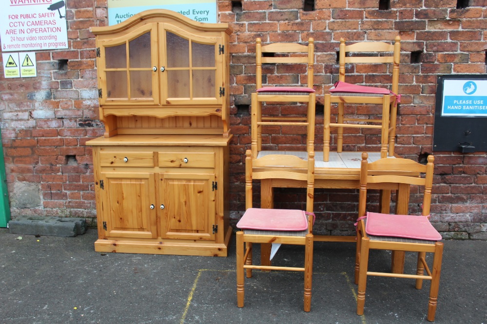 A MODERN PINE TILE TOP KITCHEN TABLE WITH FOUR CHAIRS, together with a pine glazed dresser