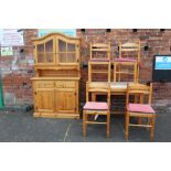 A MODERN PINE TILE TOP KITCHEN TABLE WITH FOUR CHAIRS, together with a pine glazed dresser