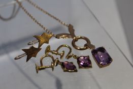 A HALLMARKED 9CT GOLD AND AMETHYST PENDANT NECKLACE, hallmarks to reverse of pendant, chain