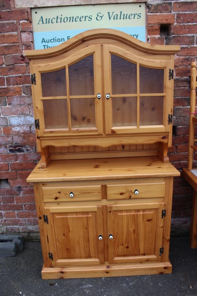 A MODERN PINE TILE TOP KITCHEN TABLE WITH FOUR CHAIRS, together with a pine glazed dresser - Image 3 of 8