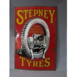A VINTAGE STYLE REPRODUCTION ENAMELLED METAL SIGN, a Stepney Tyres advertising sign, 74 x 49 cm