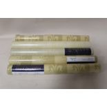 SIX BOXES OF PERIOD DECORATION FRENCH STRIPE FLEUR DE LEYS PATTERN WALLPAPER, assorted shades,