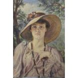 (XX). A portrait study of a lady wearing a hat with woodland in background. Unsigned, oil on