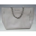 A MICHAEL KORS GREY TEXTURED LEATHER TOTE BAG, with silver tone and leather plaited tone and leather