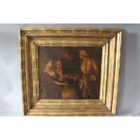 (XIX). An interior scene with two women and a gentleman in period dress. Unsigned, oil on paper,