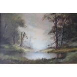 DIGBY PAGE (XX). English School. A woodland scene with pond, 'morning Mist' see verso. Signed