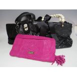 A RUSSELL & BROMLEY BLACK QUILTED LEATHER AND FAUX PEARL HANDBAG, with detachable shoulder strap,