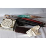 A SELECTION OF VINTAGE LADIES ACCESSORIES, to include parasols, umbrella, gloves and a snakeskin