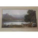 A FRAMED AND GLAZED OIL OF A MOUNTAINOUS LAKE SCENE, OVERALL HEIGHT 38 CM