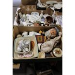 TWO TRAYS OF CERAMICS ETC TO INCLUDE ROYAL DOULTON CHARACTER JUG DON QUIXOTE, WEDGWOOD ANGELA ETC