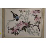 A FRAMED AND GLAZED SIGNED ORIENTAL WATERCOLOUR OF A BIRD AND TREE BLOSSOM, OVERALL HEIGHT 53.5 CM