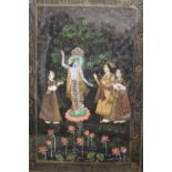 A FRAMED AND GLAZED SUB CONTINENTAL SCENE OF PEOPLE ATTENDING A DEITY, OVERALL HEIGHT 67 CM