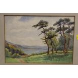 A FRAMED AND GLAZED WATERCOLOUR OF A LAKE SCENE, OVERALL HEIGHT 40.5 CM