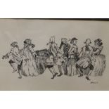 A FRAMED AND GLAZED INK DRAWING OF DANCING FIGURES SIGNED LOWER RIGHT