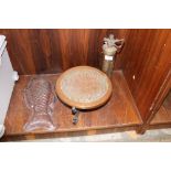 A COPPER HEATING TRAY ON STAND, COPPER AND BRASS EXTINGUISHER AND A METAL FISH MOULD