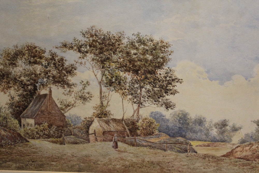 A LARGE FRAMED AND GLAZED WATERCOLOUR OF A COUNTRY COTTAGE, OVERALL HEIGHT 64 CM